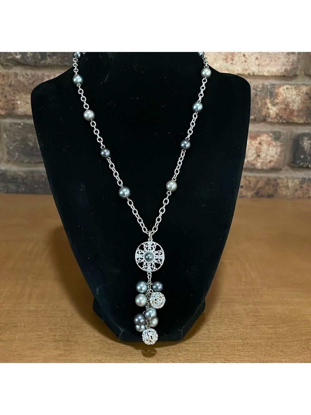 Cezanne pewter and grey faux pearl silver tone y necklace